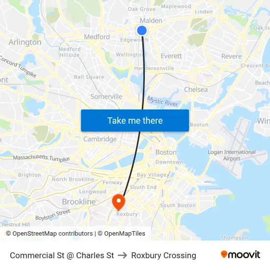Commercial St @ Charles St to Roxbury Crossing map