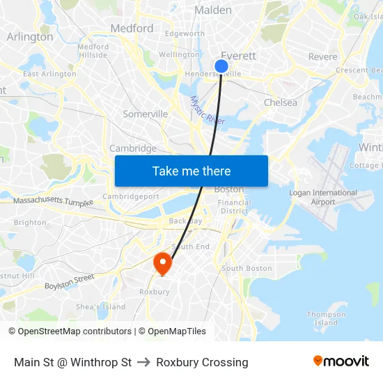 Main St @ Winthrop St to Roxbury Crossing map