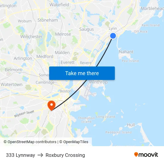 333 Lynnway to Roxbury Crossing map