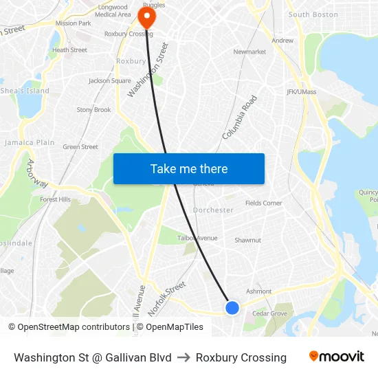 Washington St @ Gallivan Blvd to Roxbury Crossing map