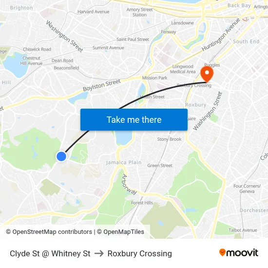 Clyde St @ Whitney St to Roxbury Crossing map