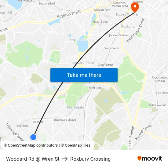 Woodard Rd @ Wren St to Roxbury Crossing map