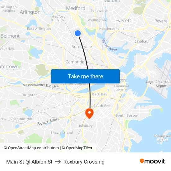 Main St @ Albion St to Roxbury Crossing map
