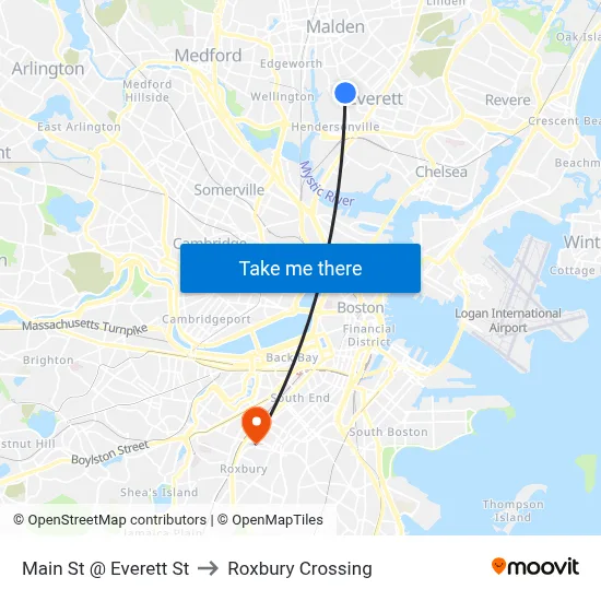 Main St @ Everett St to Roxbury Crossing map