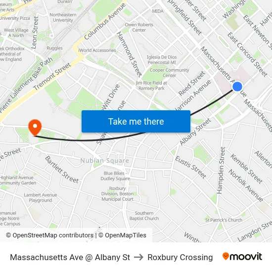Massachusetts Ave @ Albany St to Roxbury Crossing map