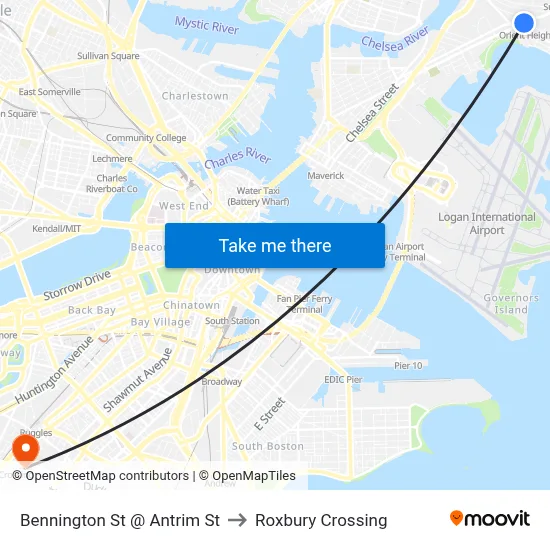 Bennington St @ Antrim St to Roxbury Crossing map