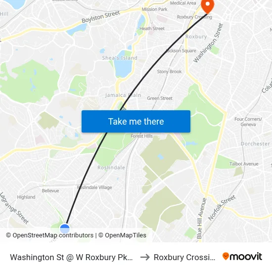 Washington St @ W Roxbury Pkwy to Roxbury Crossing map