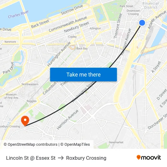Lincoln St @ Essex St to Roxbury Crossing map