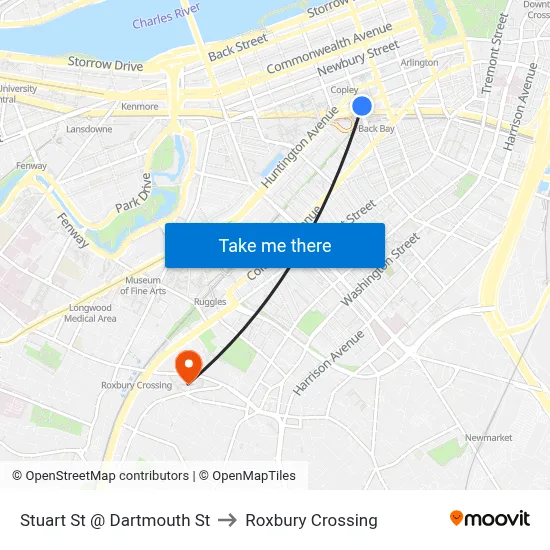 Stuart St @ Dartmouth St to Roxbury Crossing map