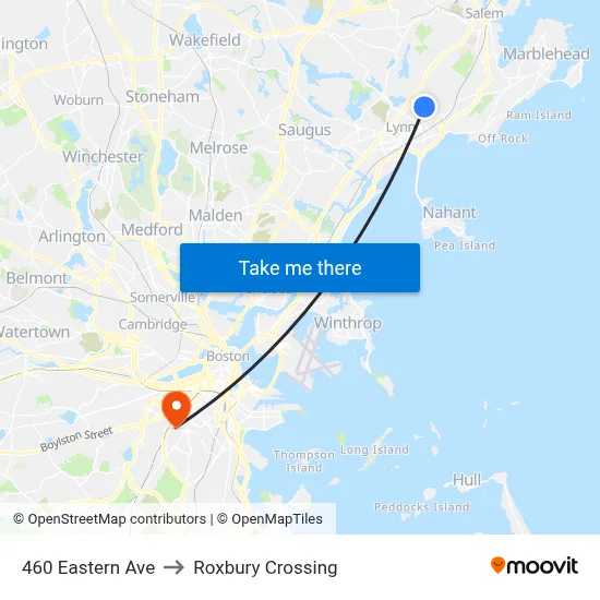 460 Eastern Ave to Roxbury Crossing map