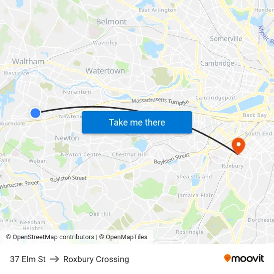 37 Elm St to Roxbury Crossing map