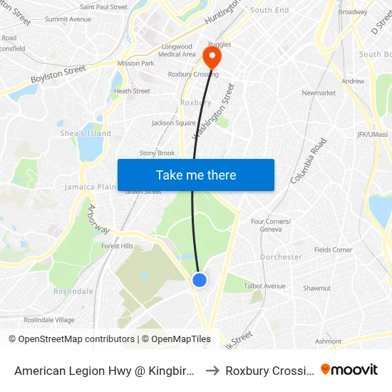 American Legion Hwy @ Kingbird Rd to Roxbury Crossing map
