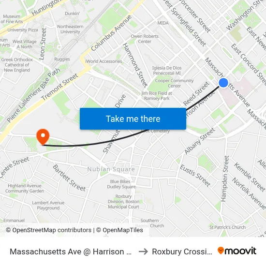 Massachusetts Ave @ Harrison Ave to Roxbury Crossing map