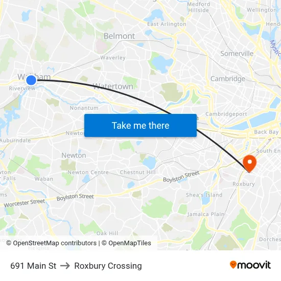 691 Main St to Roxbury Crossing map