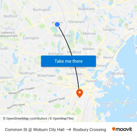 Common St @ Woburn City Hall to Roxbury Crossing map