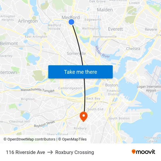 116 Riverside Ave to Roxbury Crossing map
