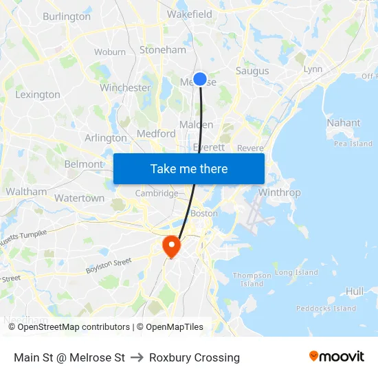 Main St @ Melrose St to Roxbury Crossing map