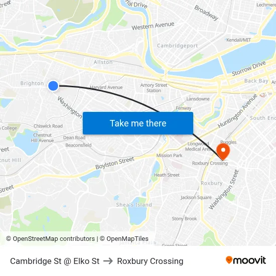 Cambridge St @ Elko St to Roxbury Crossing map