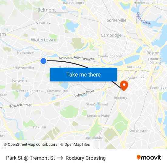 Park St @ Tremont St to Roxbury Crossing map