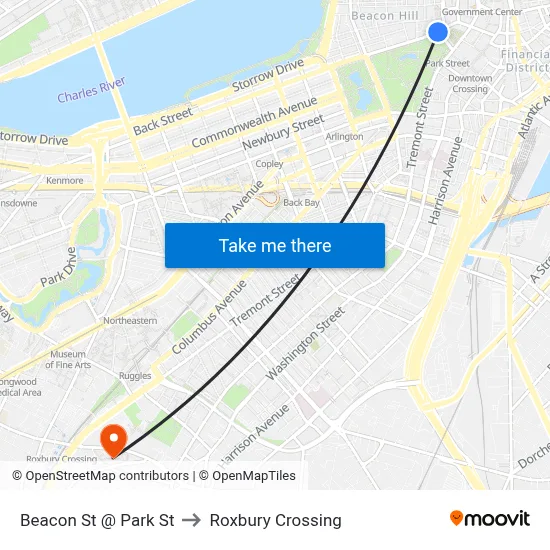 Beacon St @ Park St to Roxbury Crossing map