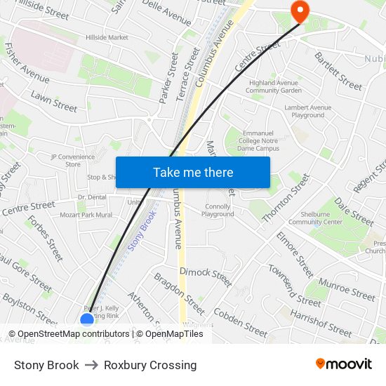 Stony Brook to Roxbury Crossing map