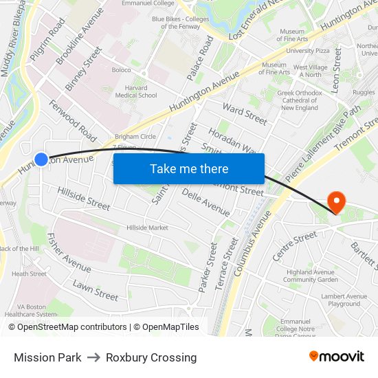 Mission Park to Roxbury Crossing map