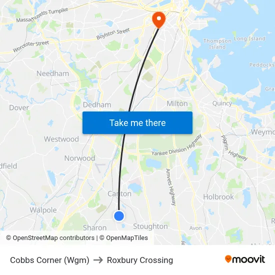 Cobbs Corner (Wgm) to Roxbury Crossing map
