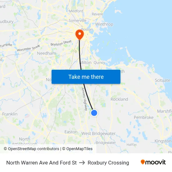 North Warren Ave And Ford St to Roxbury Crossing map