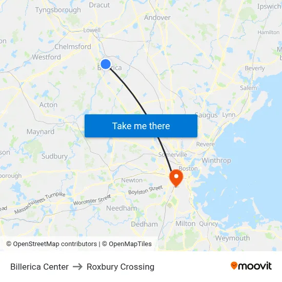Billerica Center to Roxbury Crossing map