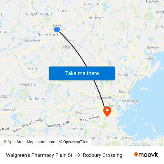 Walgreen's Pharmacy Plain St to Roxbury Crossing map