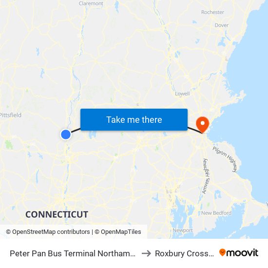 Peter Pan Bus Terminal Northampton to Roxbury Crossing map