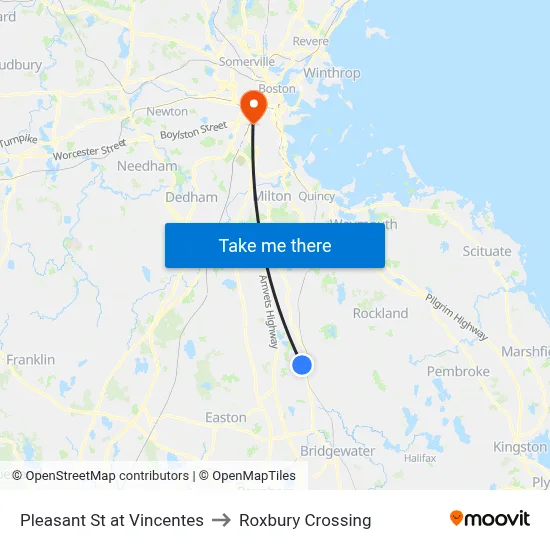Pleasant St at Vincentes to Roxbury Crossing map