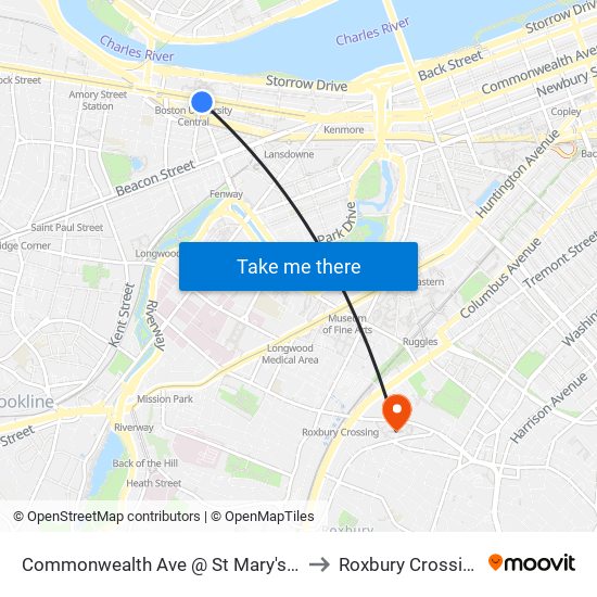 Commonwealth Ave @ St Mary's St to Roxbury Crossing map