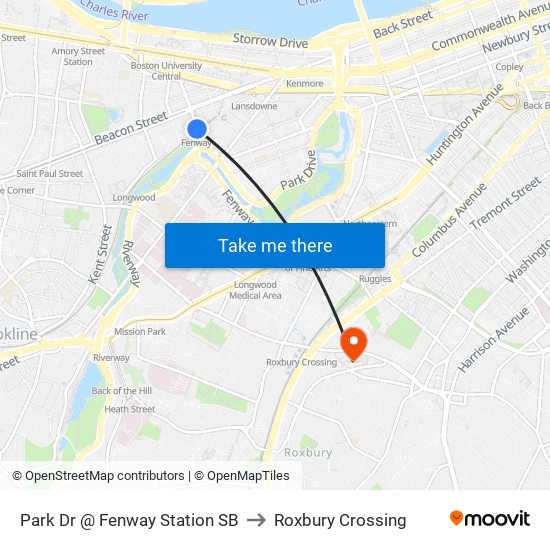 Park Dr @ Fenway Station SB to Roxbury Crossing map