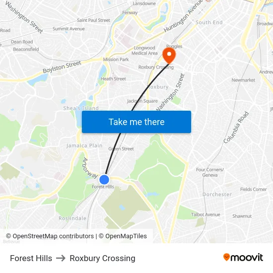 Forest Hills to Roxbury Crossing map