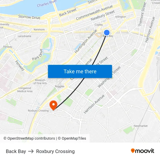 Back Bay to Roxbury Crossing map