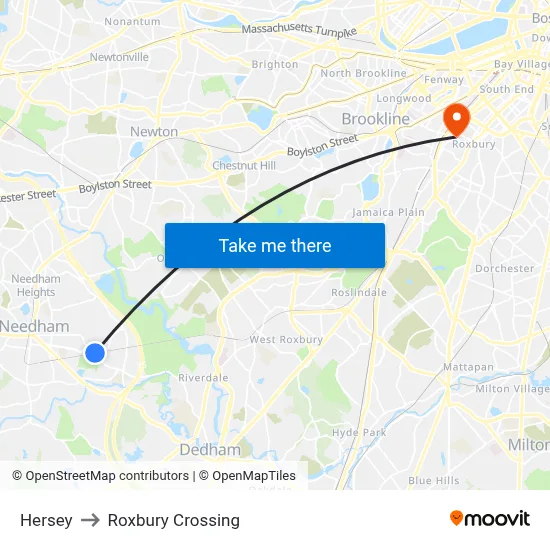Hersey to Roxbury Crossing map