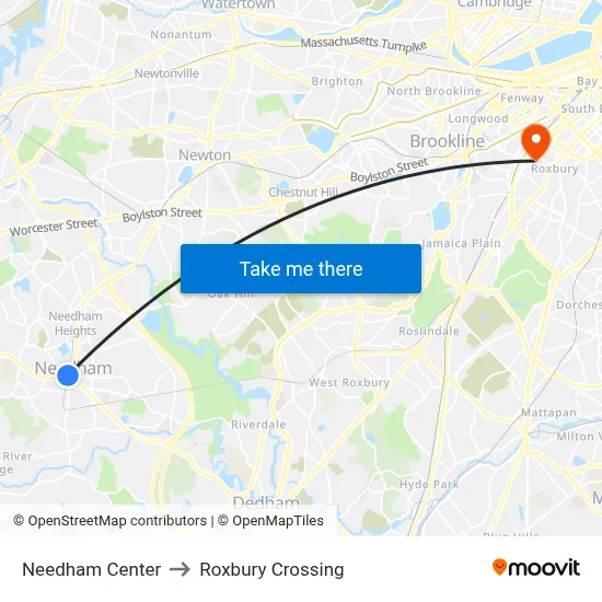 Needham Center to Roxbury Crossing map