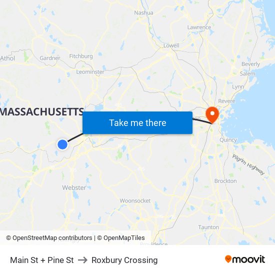 Main St + Pine St to Roxbury Crossing map