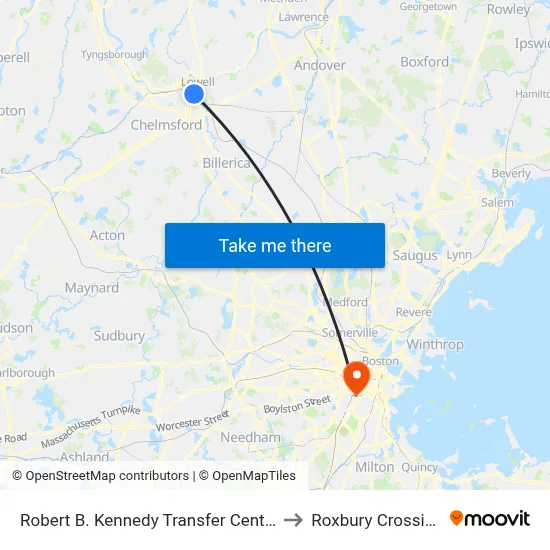 Robert B. Kennedy Transfer Center to Roxbury Crossing map