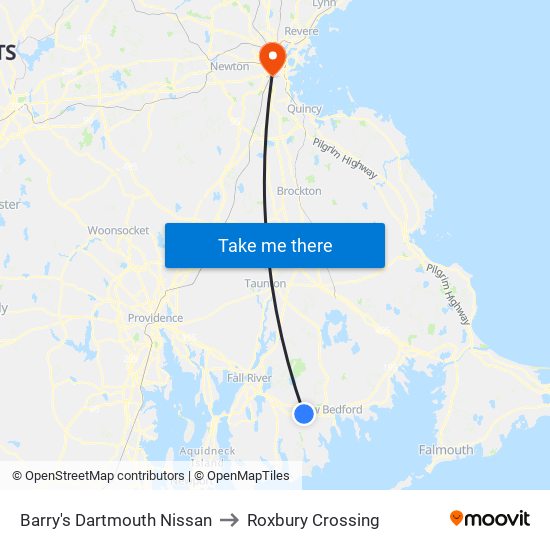 Barry's Dartmouth Nissan to Roxbury Crossing map