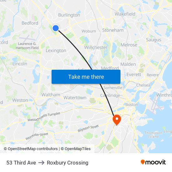 53 Third Ave to Roxbury Crossing map