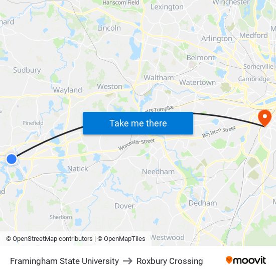 Framingham State University to Roxbury Crossing map