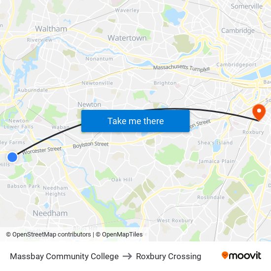 Massbay Community College to Roxbury Crossing map