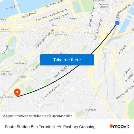 South Station Bus Terminal to Roxbury Crossing map