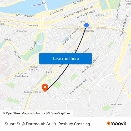 Stuart St @ Dartmouth St to Roxbury Crossing map