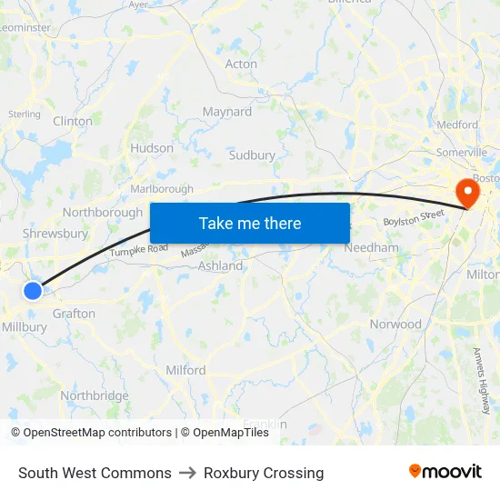 South West Commons to Roxbury Crossing map