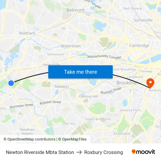 Newton Riverside Mbta Station to Roxbury Crossing map