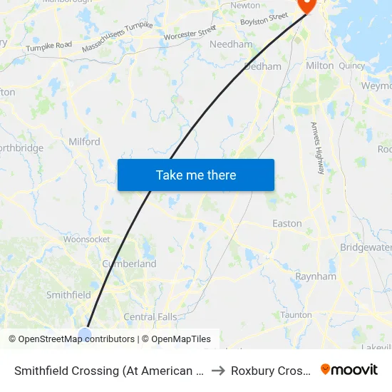 Smithfield Crossing (At American Eagle) to Roxbury Crossing map