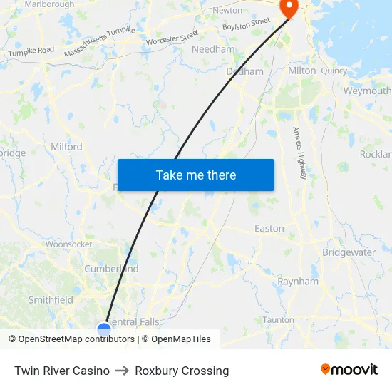 Twin River Casino to Roxbury Crossing map